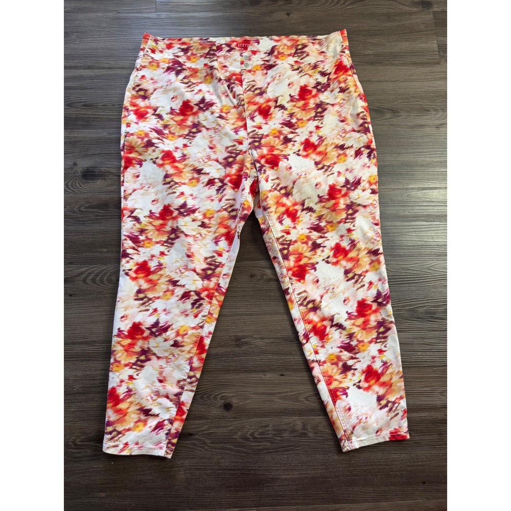 Terra & Sky Multi Color Abstract Floral Print Pull On Cropped Pants 3X 24W-26W